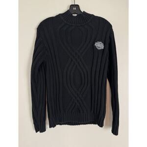Harley Davidson Sweater Womens Medium Cable-Knit Pullover Black Bar & Shield